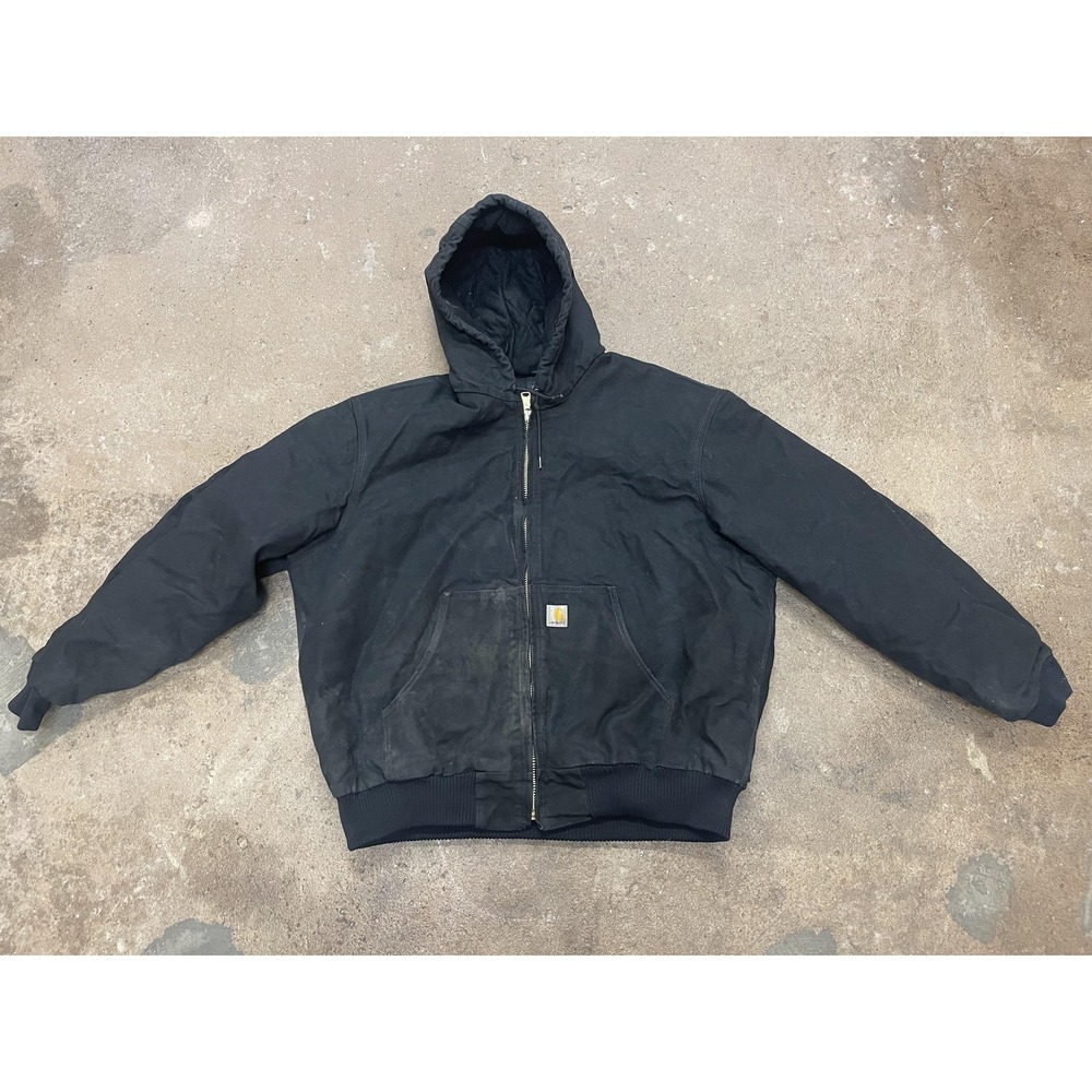 Carhartt Jacket Mens 2XL Black J140-BLK Loose Fit Hooded Duck Quilted Lined Work